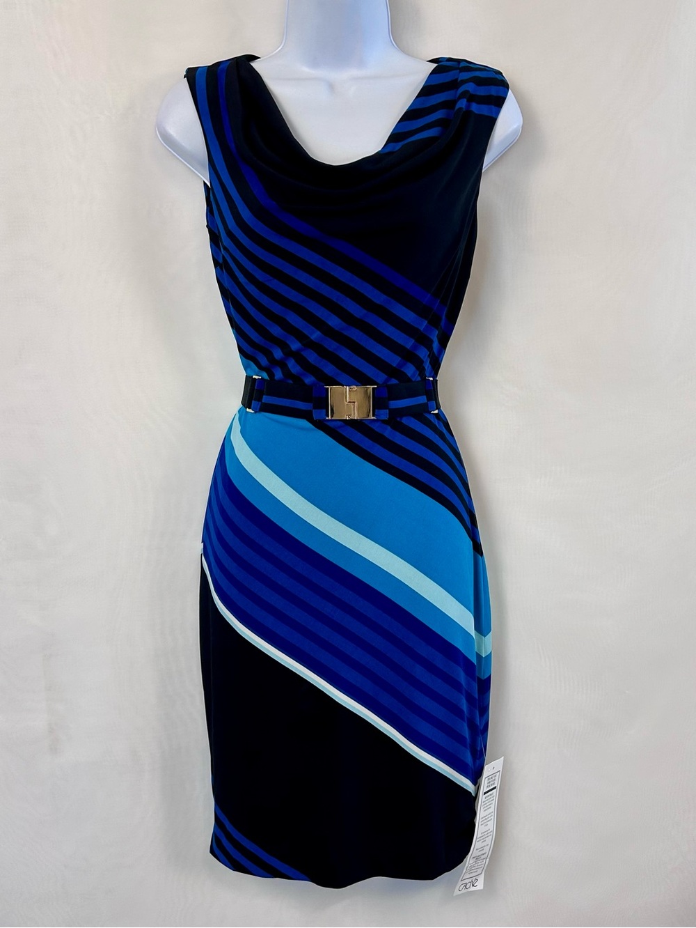 New Cache Blue Striped Sleeveless Cowl Neck Knee-Length Dress with Belt XS